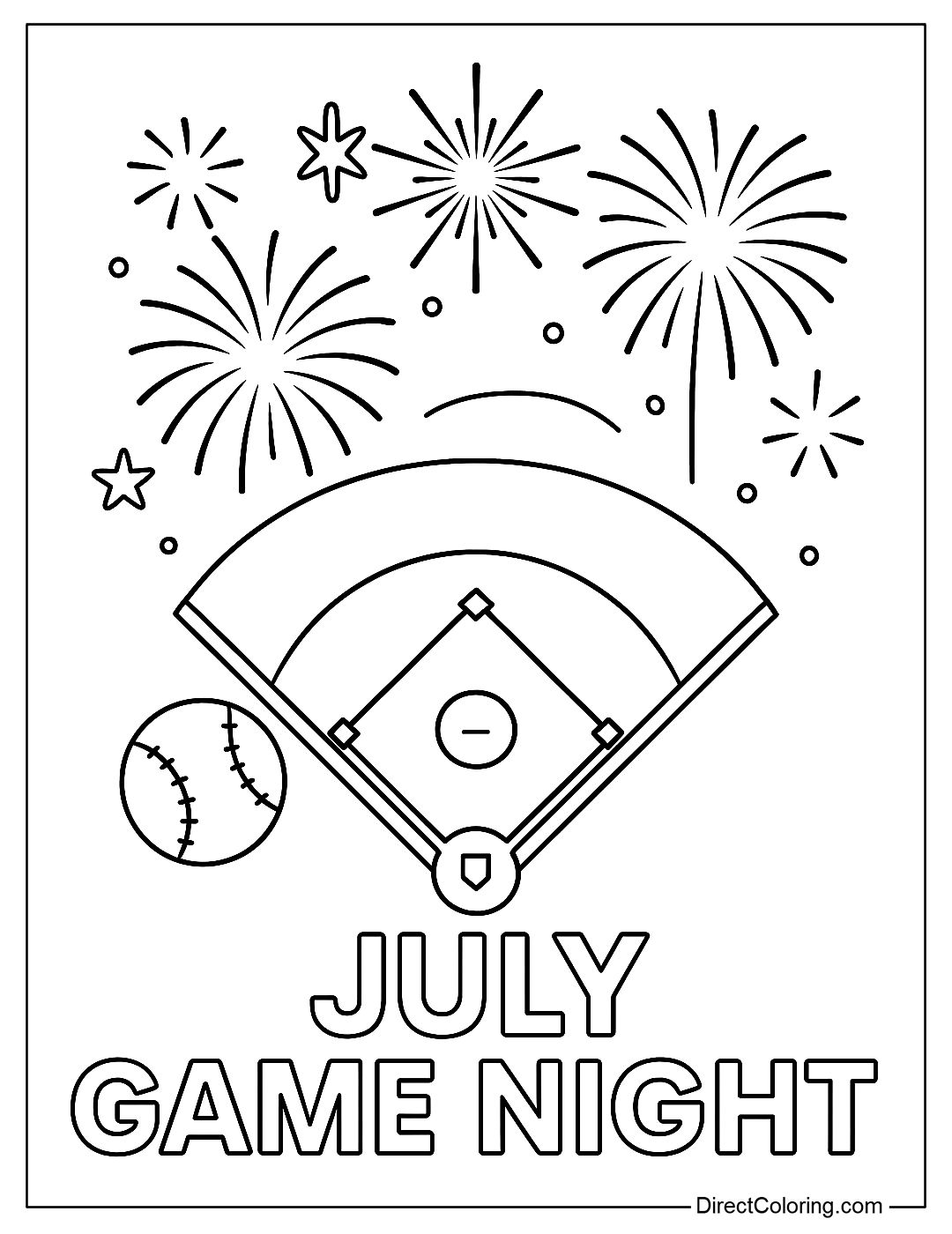 A baseball field coloring page with a 